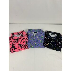 Lot of 3 Sunday Swagger Golf Polos Black 80s/Purple Lime/Pink Floral